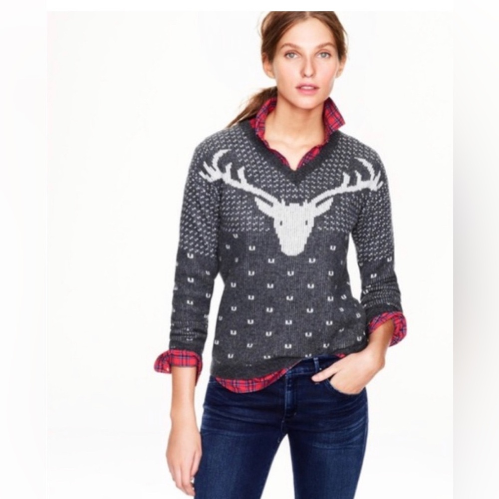 J.Crew 100% Wool Fair Isle Moose Reindeer V Neck Sweater Gray XL